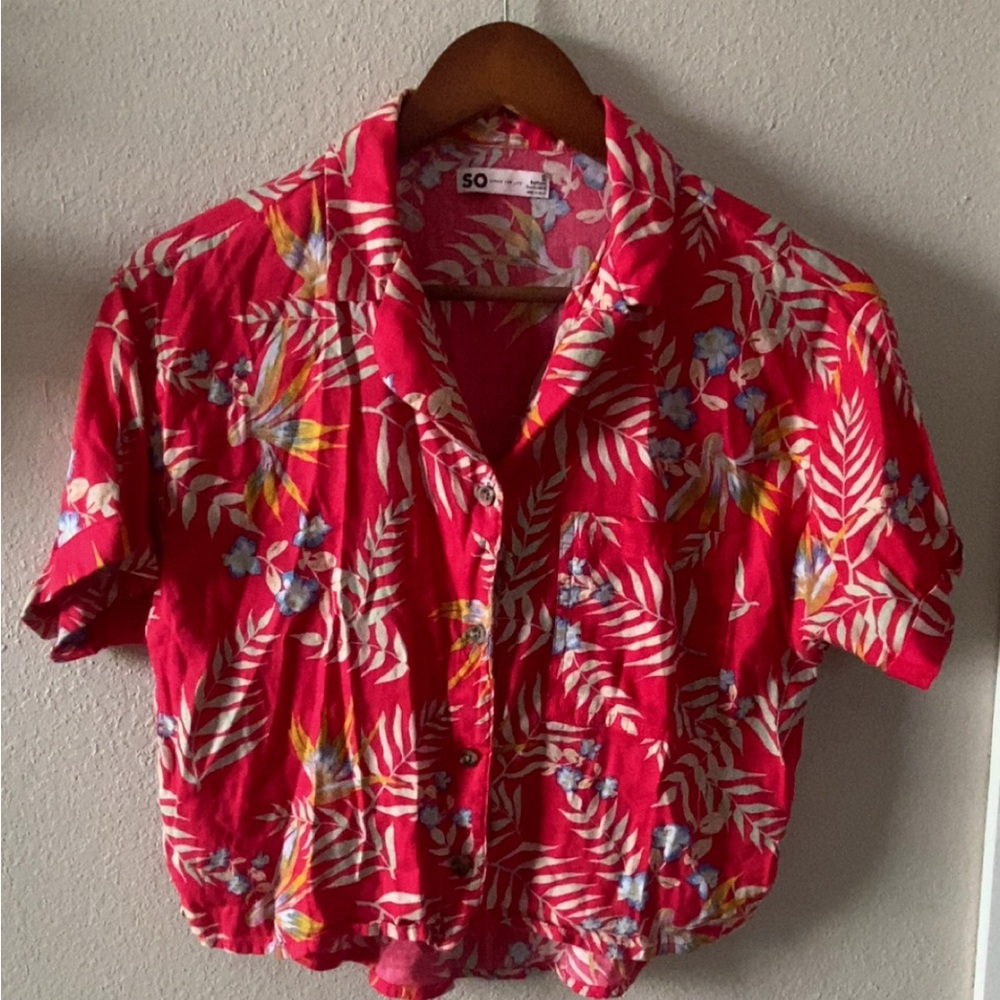SO Women's Vibrant Red Floral Button Down Shirt